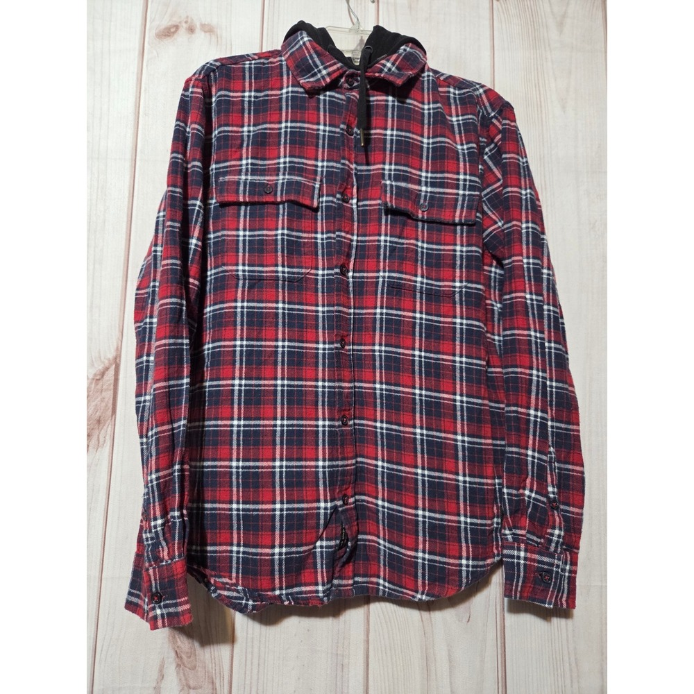 Silver Jeans Co Mens Red Navy Plaid Hooded Flannel Shirt Medium Hiking Gorpcore